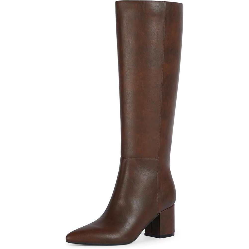 Women's Retro Brown Chunky Heel Knee High Pointed Toe Side Zipper Long Boots
